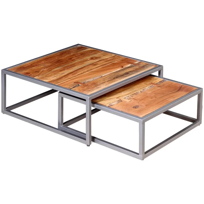 Ensemble de deux table basse en bois d'acacia et acier DEC031241
