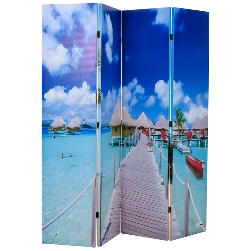 Paravent séparateur de pièce cloison pliable 4 panneaux 160 x 170 cm design plage DEC031169