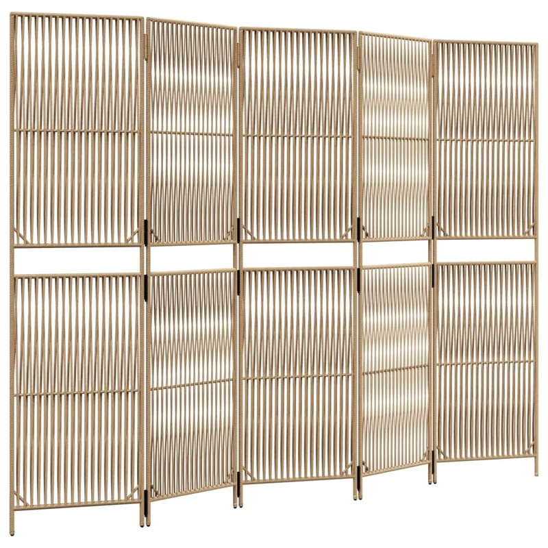 Paravent séparateur de pièce cloison 5 panneaux en résine tressée beige et acier DEC030936