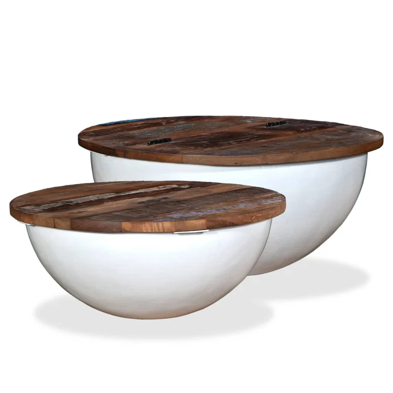 Lot de 2 table basse en bois récupération et acier en forme de bol avec compartiment de rangement DEC031242