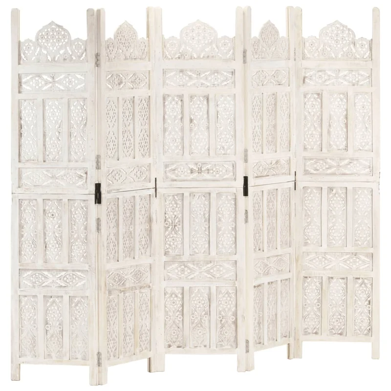 Paravent séparateur de pièce cloison 5 panneaux 200 x 165 cm bois manguier blanc DEC030940