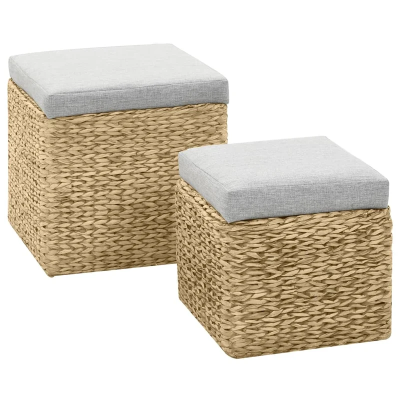 Lot de 2 repose-pieds tabourets de différentes tailles en jacinthe d'eau et cousins gris DEC030403