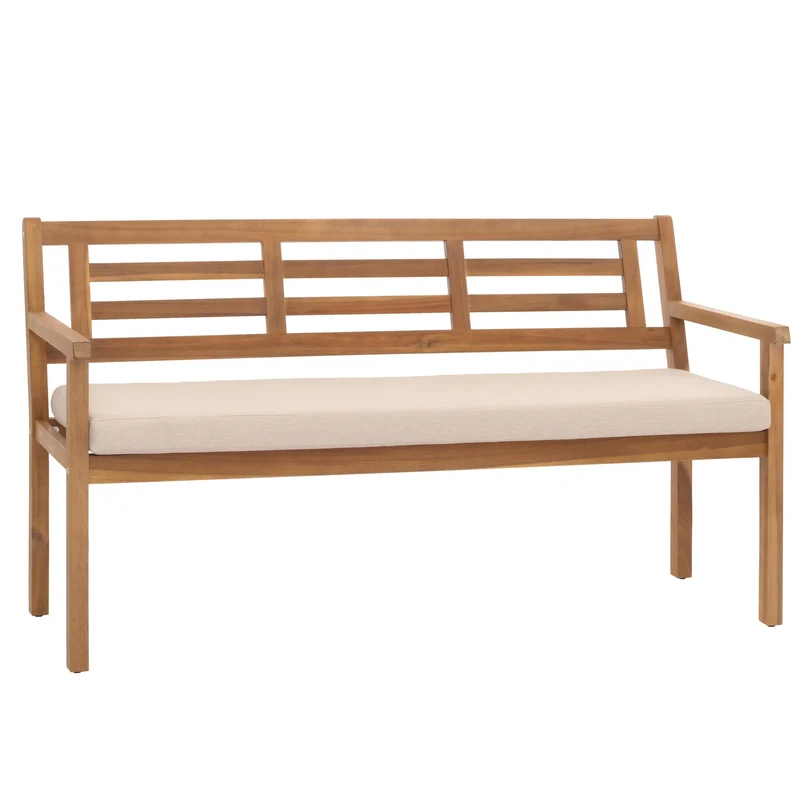 Banc de jardin en bois d'acacia massif avec dossier et accoudoirs inclus coussin crème-beige 04_0005837