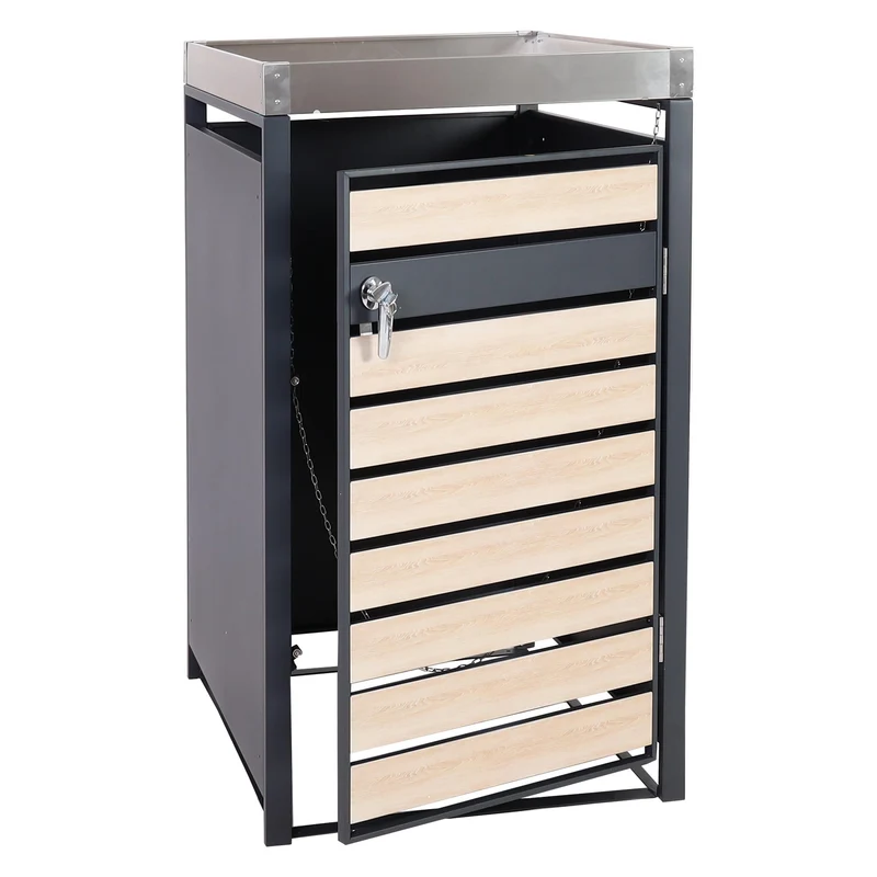 Abri poubelle avec bac à plantes porte verrouillable 125 x 68 x 80 cm métal aspect bois de hêtre anthracite 04_0005704