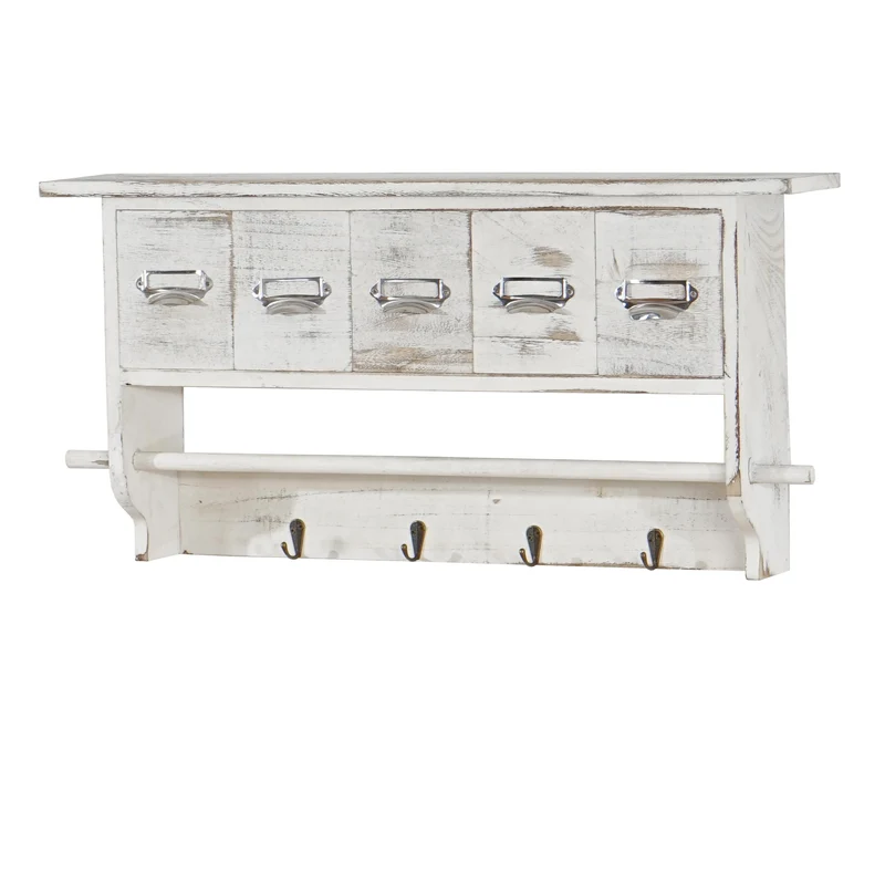 Porte-manteau mural vintage 5 tiroirs avec 4 crochets 32x65x13 cm aspect vieilli blanc 04_0005760