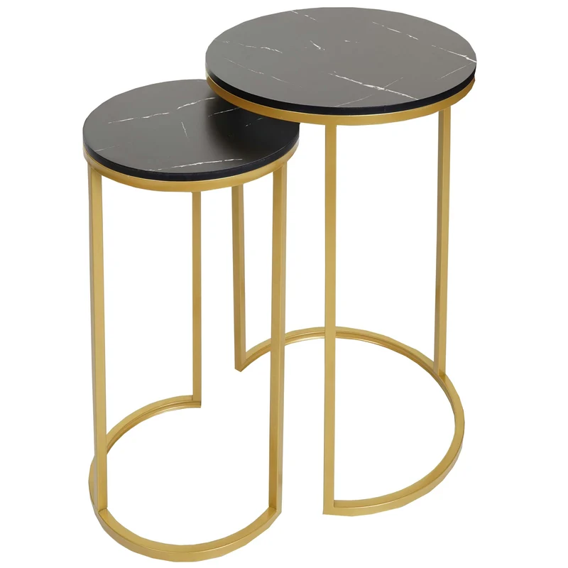Lot de 2 tables d'appoint table de chevet aspect marbre MDF noir et doré 04_0007448