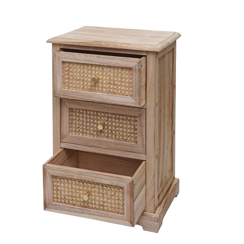Commode avec 3 tiroirs en bois et rotin avec boutons décoratifs en métal 63x40x28 cm 04_0006509