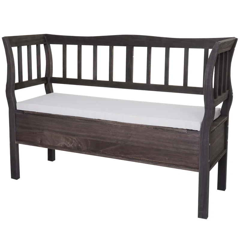 Banc avec espace de rangement et coussin d'assise 119 cm en bois vieilli gris-marron 04_0005870