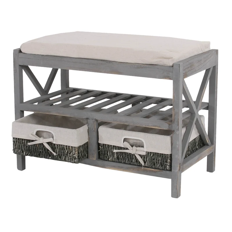 Étagère à chaussures banc banquette avec tiroirs de rangement look shabby vintage 45x65x34cm gris 04_0005160