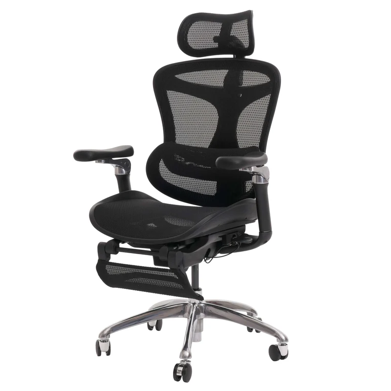 Fauteuil de bureau pivotant support lombaire ergonomique avec repose-pieds rabattable et accoudoirs réglables maille noir 04_0006233