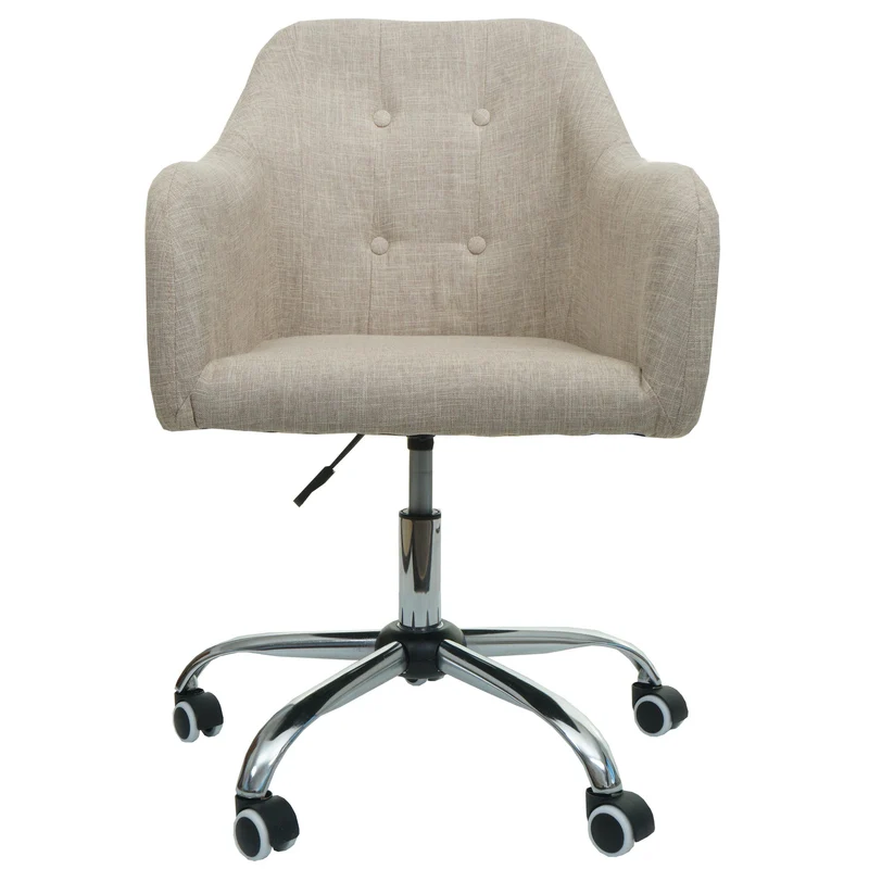 Chaise de bureau pivotante avec accoudoir en tissu crème boutons décoratifs et coutures décoratives 04_0006230