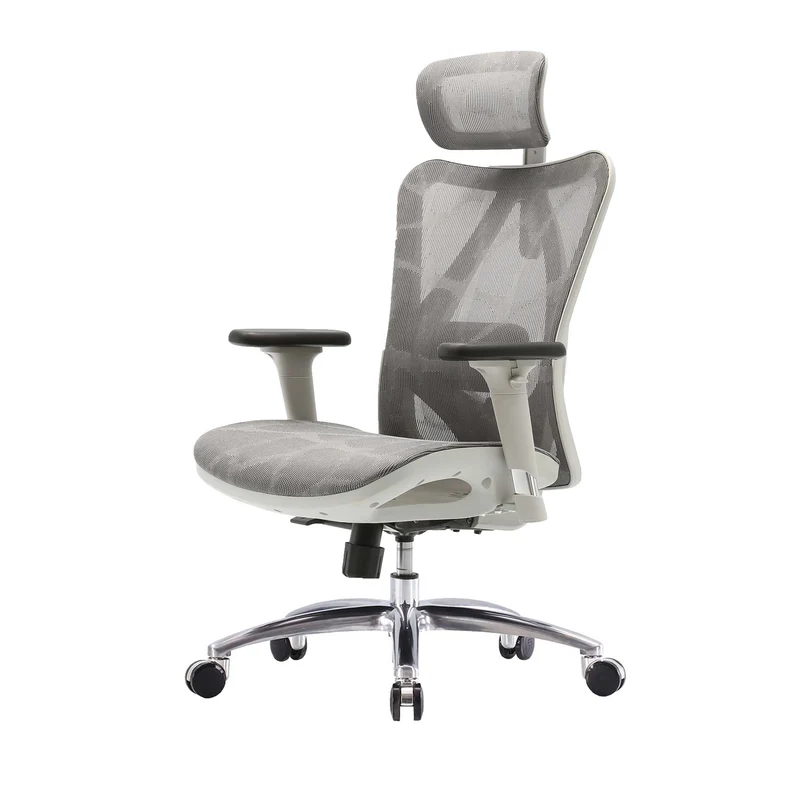 Fauteuil de bureau ergonomique avec accoudoirs hauteur réglable en maille gris cadre blanc 04_0006216