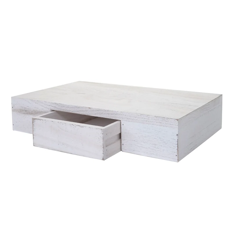Etagère murale avec tiroir de rangement 40 cm en bois blanc vieilli 04_0006789