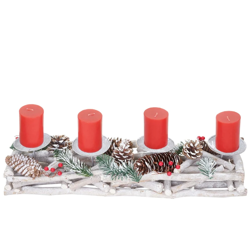 Couronne de l'avent allongée décoration de noël arrangement de l'avent bois 11 x 15 x 50 cm blanc-gris avec bougies rouges 04_0006547