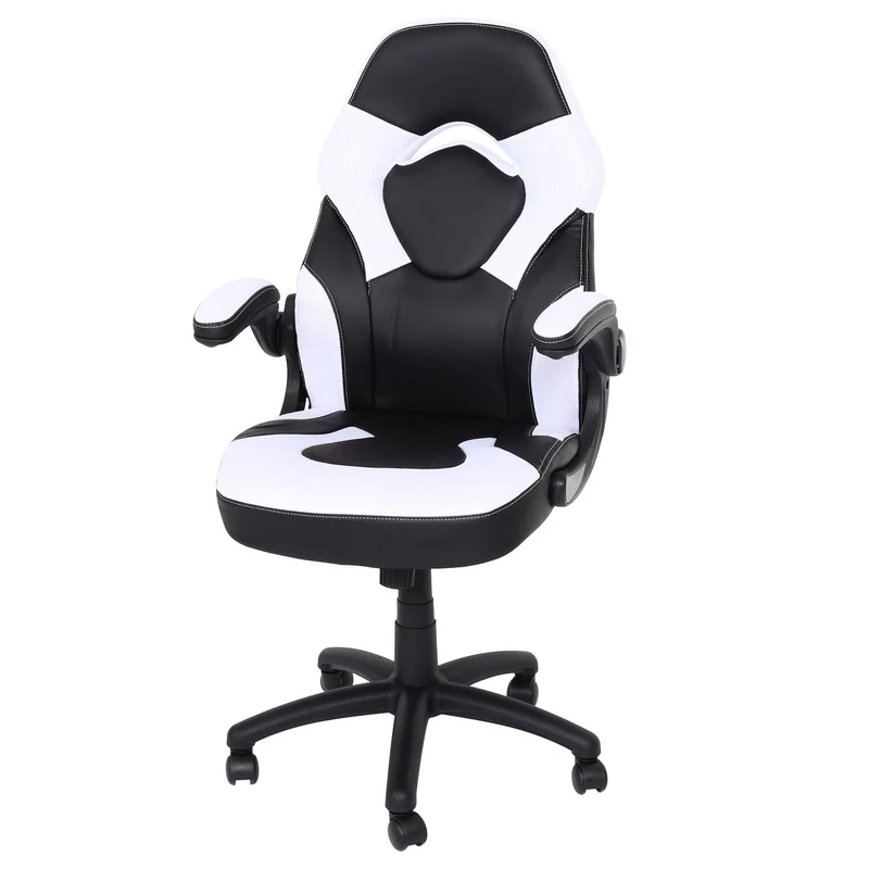 Chaise de bureau pivotante avec accoudoir réglable en hauteur PVC noir et blanc 04_0006226