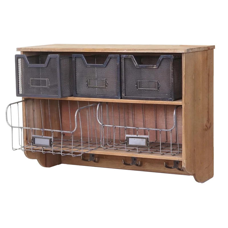 Étagère de cuisine murale design vintage en bois de sapin avec 3 crochets et paniers de rangement 42x60x24cm 04_0000976