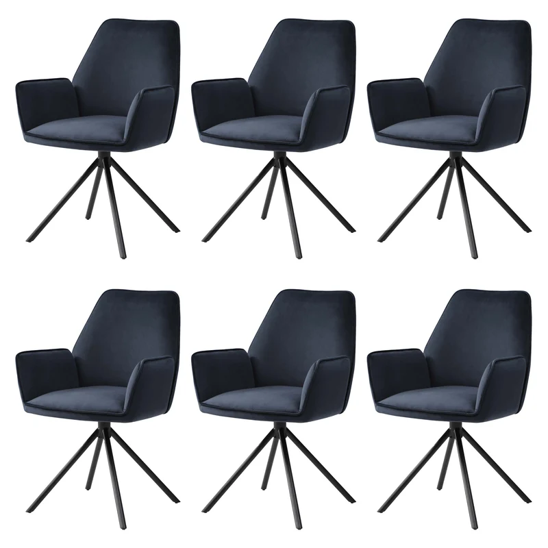 Lot de 6 chaises de salle à manger rotative avec accoudoirs en velours bleu anthracite cadre trépied noir 04_0000861