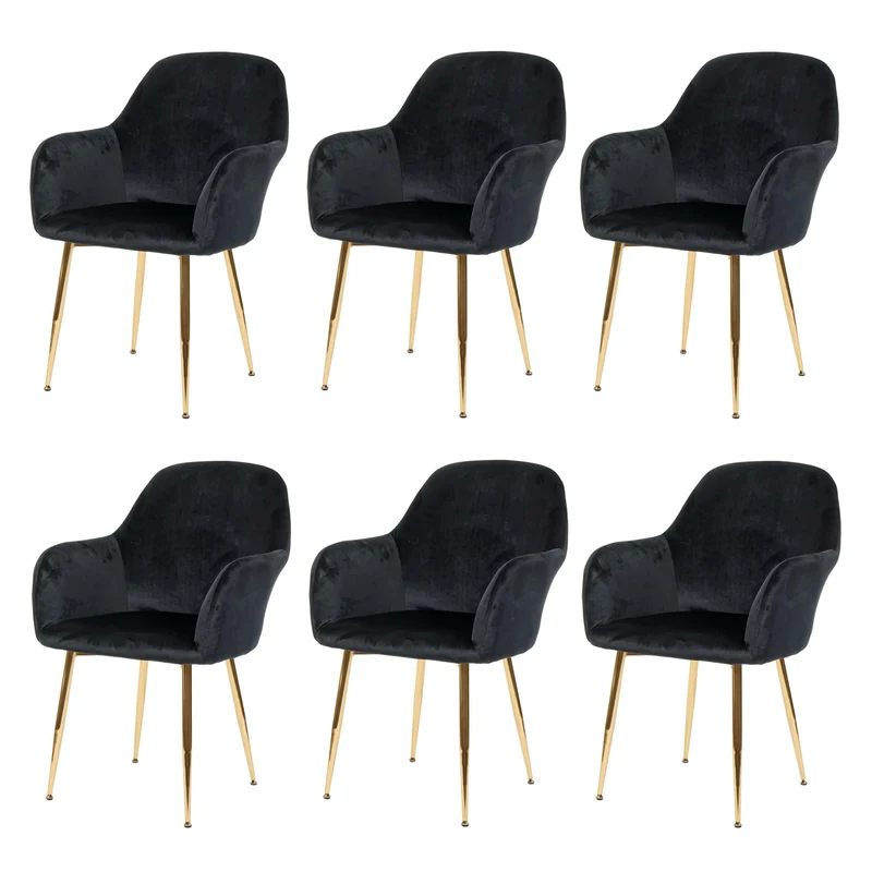 Lot de 6 chaises de salle à manger design rétro assise et dossier arrondis en velours noir pieds dorés 04_0000826