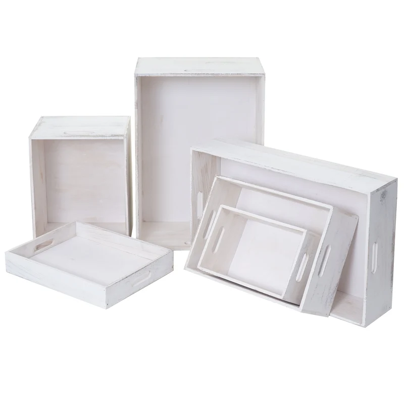 Lot de 6 caisses en bois boite de rangement décorative en bois blanc vieilli 04_0003014