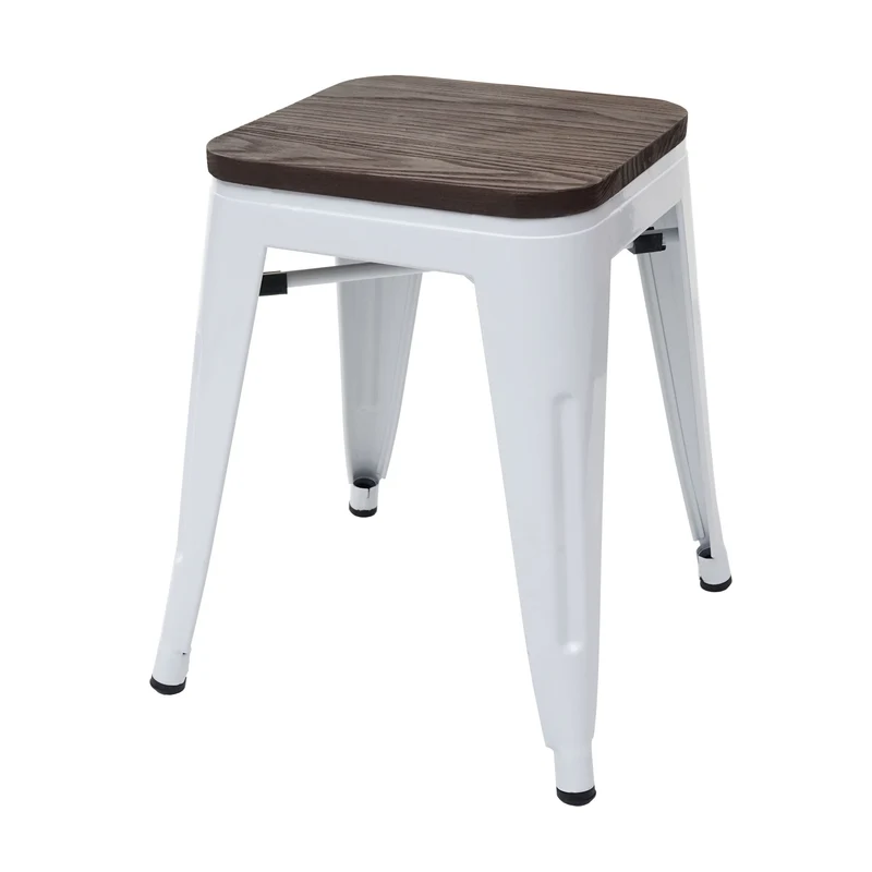 Tabouret bas avec assise en bois design industriel empilable en métal blanc 04_0005327