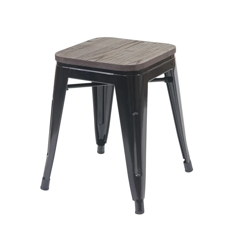 Tabouret bas avec assise en bois design industriel empilable en métal noir 04_0005325
