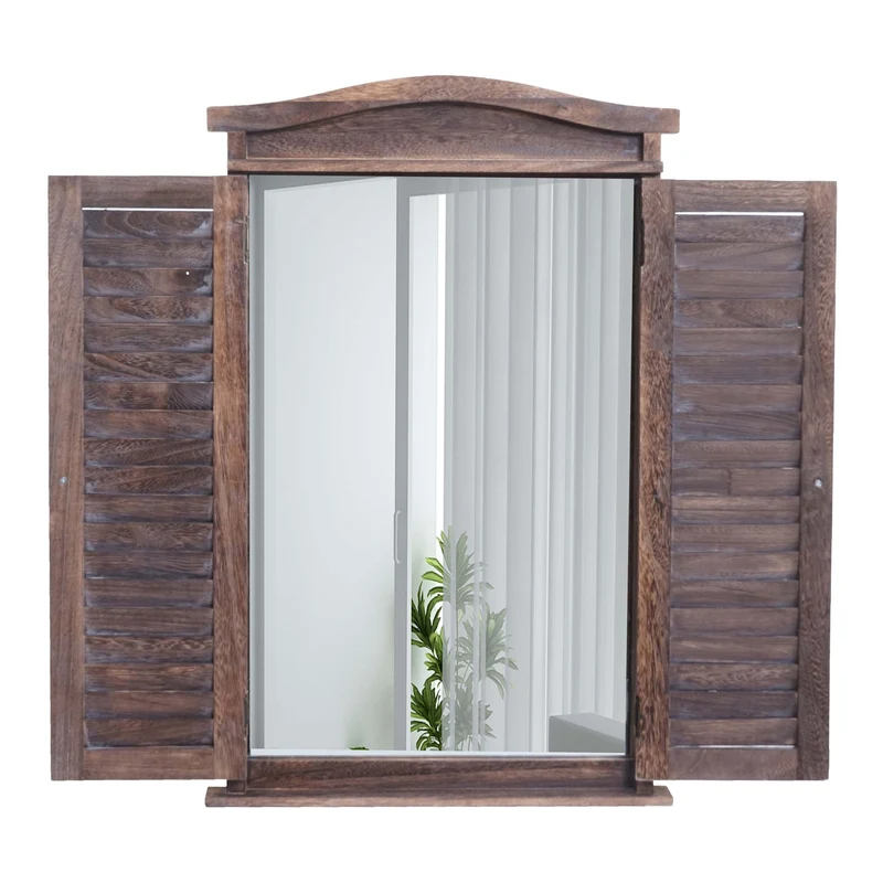 Miroir mural de salle de bain design fenêtre avec volets 71x46x5cm en marron vieilli 04_0003702