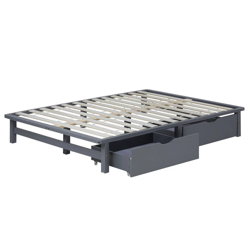 Lit palette en bois massif gris 140x200 cm avec tiroirs de rangement et sommier à lattes LIT06239