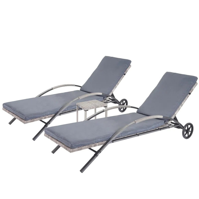 Ensemble de 2 chaises longues bain de soleil transat de jardin avec petite table polyrotin gris coussins gris 04_0002963