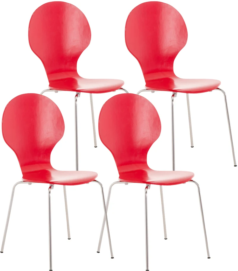 Lot de 4 chaises de cuisine salle à manger empilables dossier arrondi en bois rouge et métal chromé 10_0003174