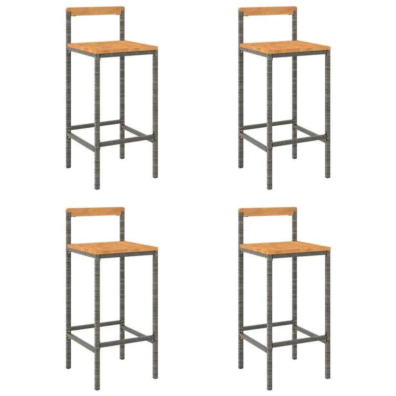 Lot de 4 tabourets de bar chaises hautes en résine tressée gris et bois d'acacia DEC029917