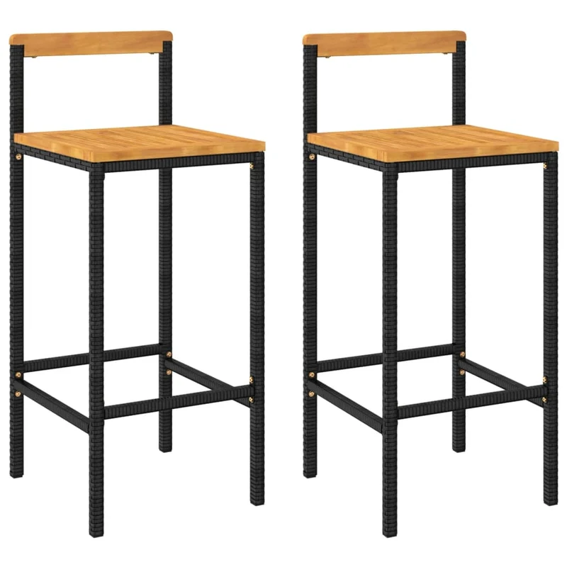 Lot de 2 tabourets de bar chaises hautes en résine tressée noir et bois d'acacia DEC029803