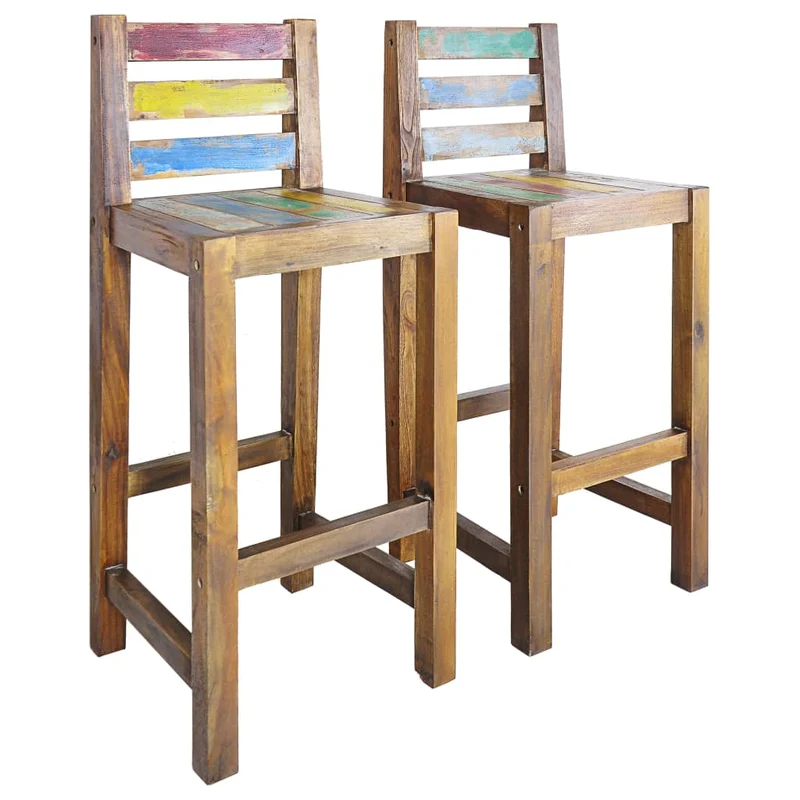 Lot de 2 tabourets de bar chaises hautes en bois massif de récupération multicolore DEC029643