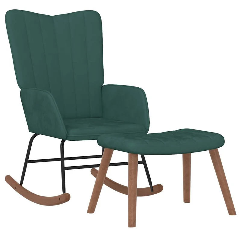 Fauteuil à bascule rembourré relax pour salon avec repose-pied en velours vert foncé DEC028853