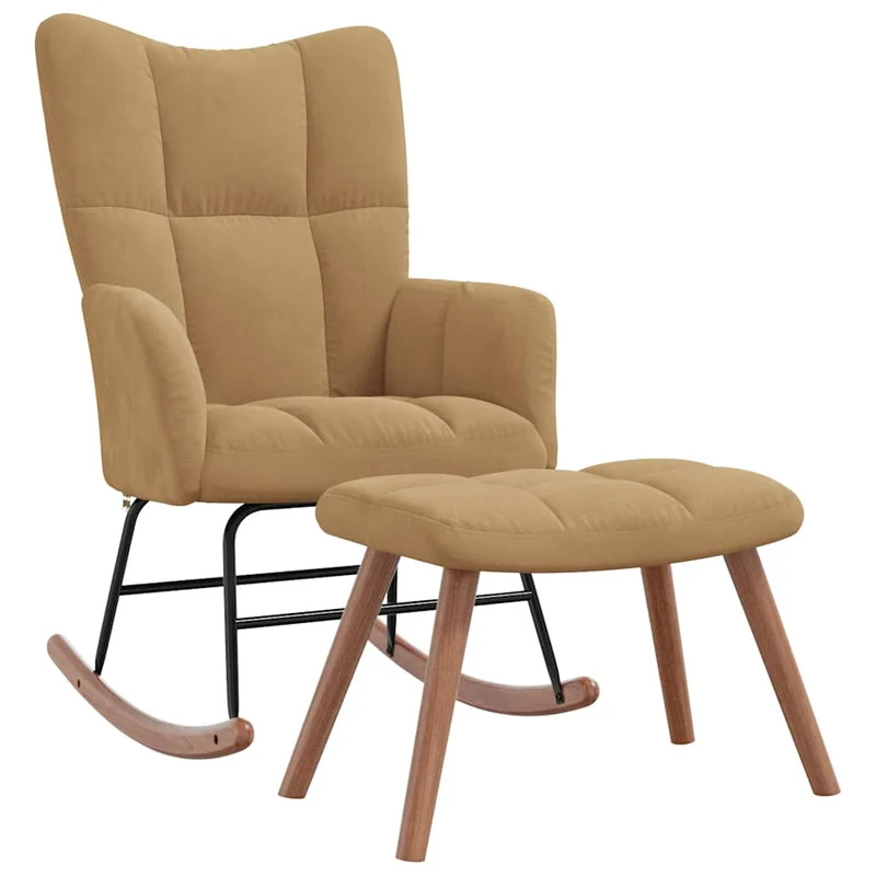 Fauteuil à bascule rembourré relax pour salon avec repose-pied en velours marron DEC028820