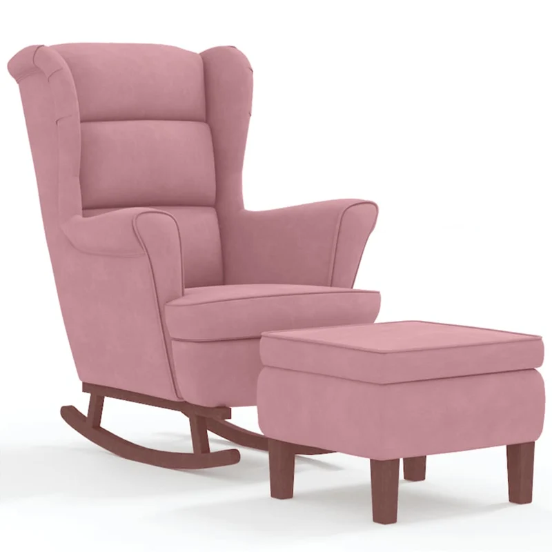 Fauteuil à bascule d'allaitement rembourré avec repose-pieds avec pieds en bois siège en velours rose DEC028766