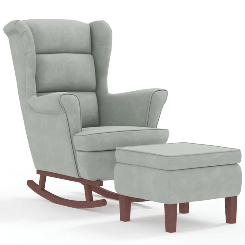 Fauteuil à bascule d'allaitement avec repose-pieds rembourré relax pour salon pieds en bois assise en tissu gris clair DEC028756