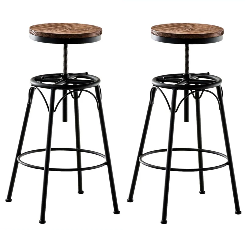 Lot de 2 tabourets de bar style industriel contemporain hauteur réglable en métal noir et assise en bois clair 10_0004019