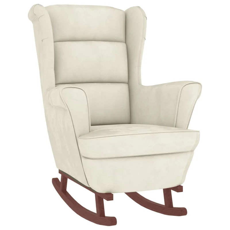 Fauteuil à bascule pieds en bois massif d'hévéa et siège en velours crème extra confort DEC029158