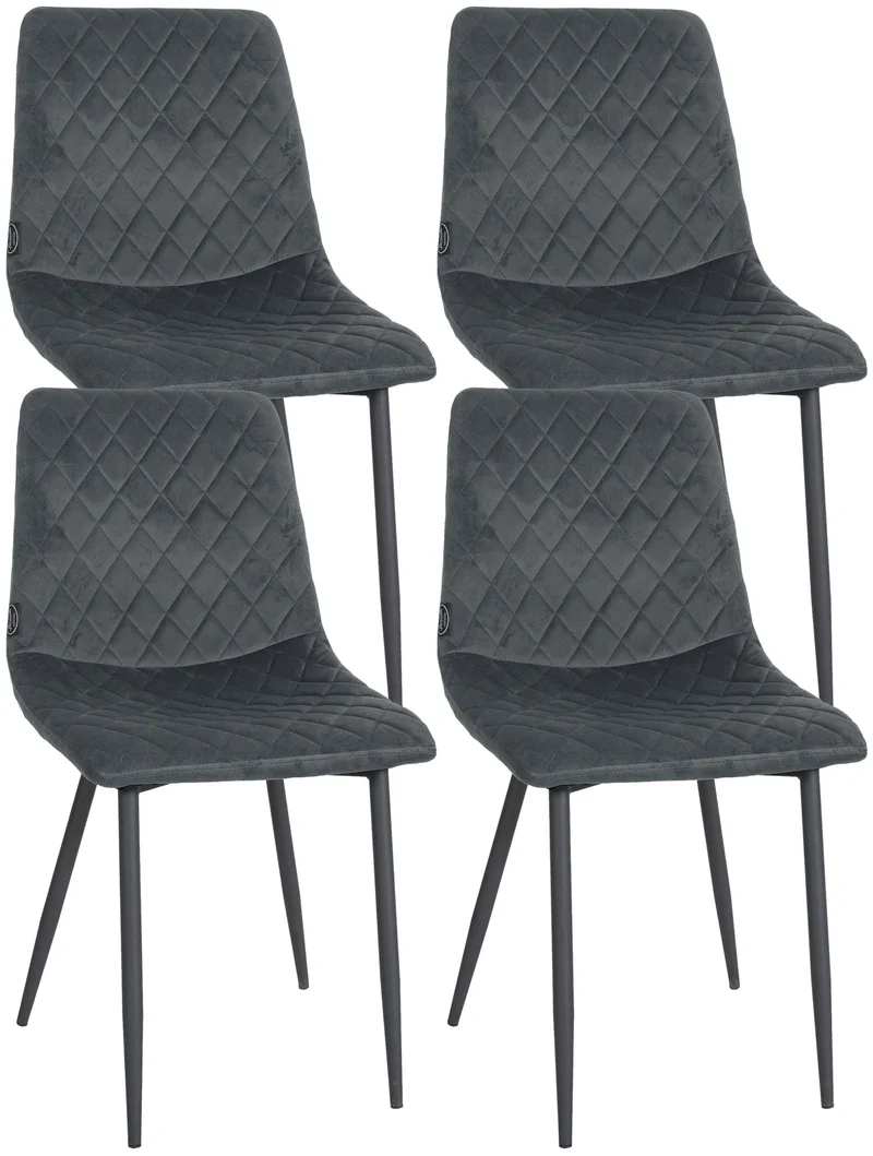 Lot de 4 chaises de salle à manger en tissu velours gris foncé pieds métal noir couture losange CDS10420