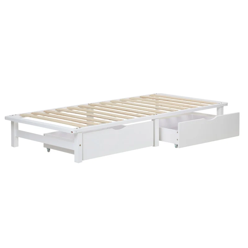 Lit palette en bois massif blanc 90x200 cm avec tiroirs de rangement et sommier à lattes LIT06219