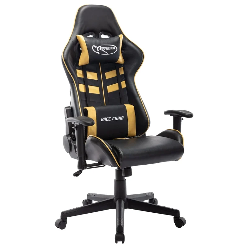 Fauteuil de bureau chaise gaming avec coussin lombaire en PVC noir et doré et métal DEC025971