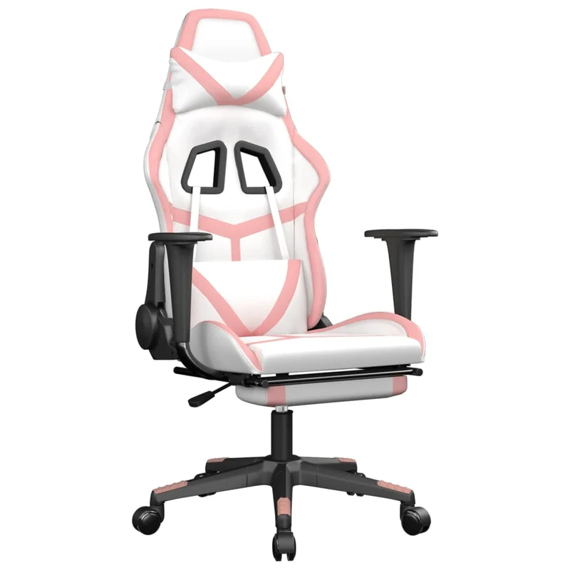 Fauteuil de bureau chaise gaming avec coussin lombaire avec repose-pieds en PVC blanc et rose DEC025832