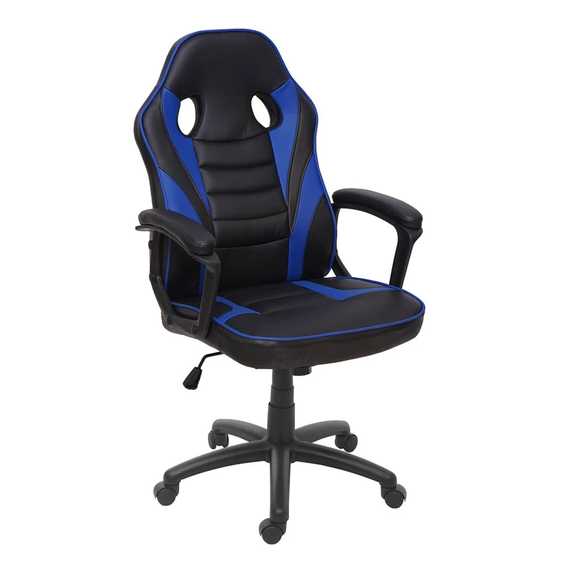 Fauteuil chaise de bureau gaming sur roulettes mécanisme à bascule assise en PVC noir / bleu 04_0001838