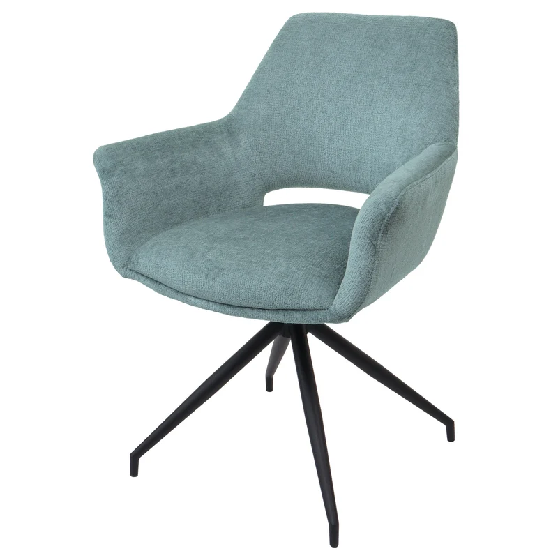 Chaise de salle à manger rembourrée avec accoudoirs assise rotatif en tissu gris-bleu structure trépied 04_0006351