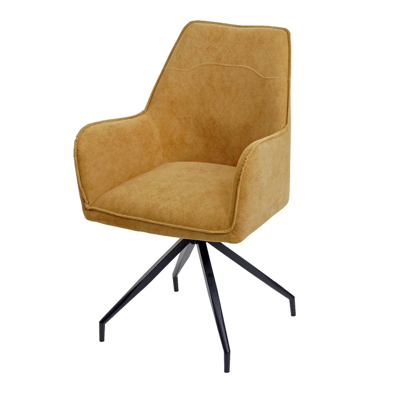 Chaise de salle à manger rembourrée avec accoudoirs en tissu jaune et structure trépied en métal 04_0006320