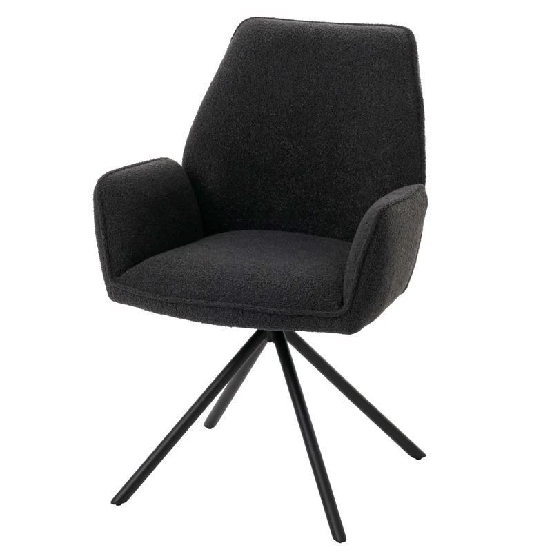 Chaise de salle à manger avec accoudoir siège rotatif en tissu bouclé gris foncé cadre trépied 04_0006276