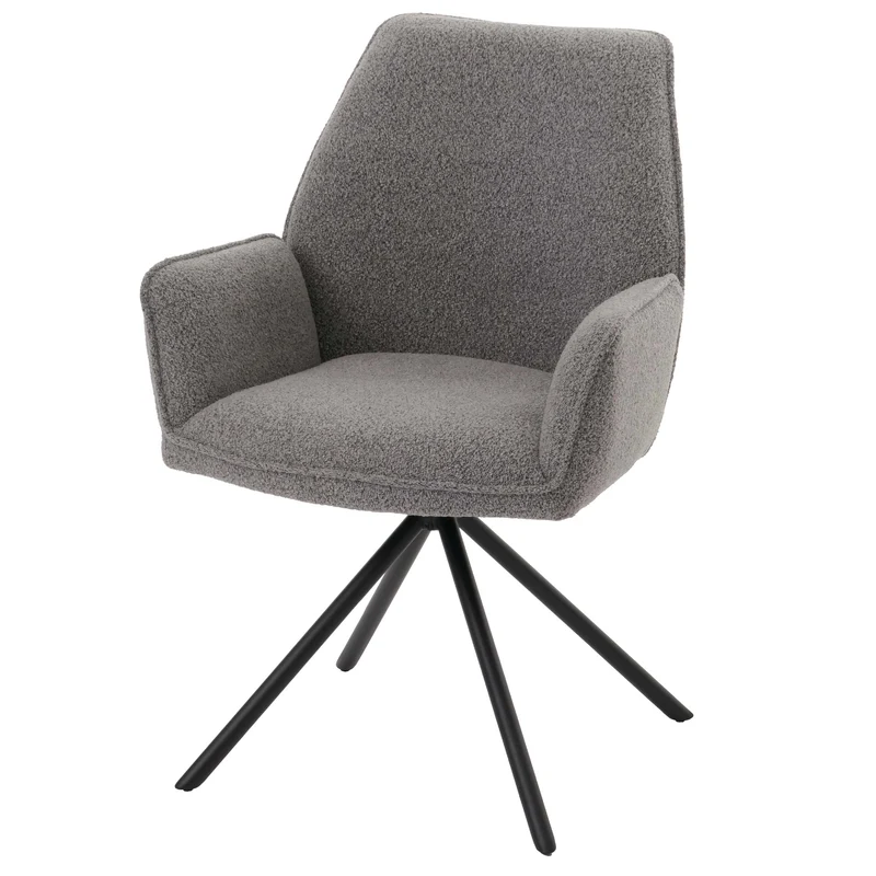 Chaise de salle à manger avec accoudoir siège rotatif en tissu bouclé gris clair cadre trépied 04_0006273