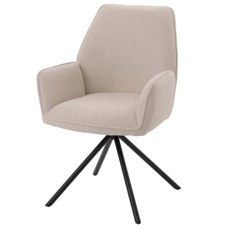 Chaise de salle à manger avec accoudoir siège rotatif en tissu bouclé crème cadre trépied 04_0006272