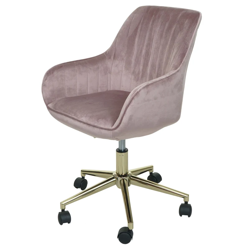 Chaise de bureau pivotante en velours rose avec accoudoir base dorée 04_0006211