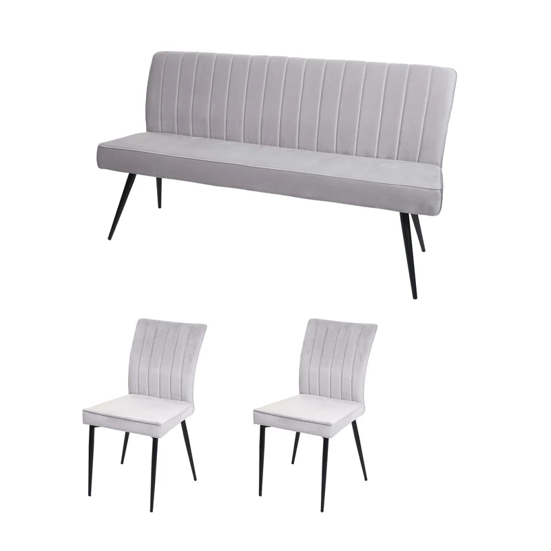 Ensemble de salle à manger 2x chaises de salle à manger et 1x banc 3 places en velours gris clair et métal 04_0006748